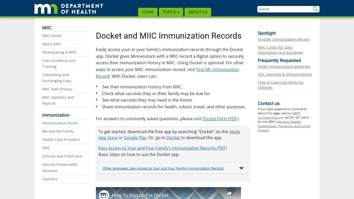 Docket and MIIC Immunization Records - Minnesota Dept. of Health